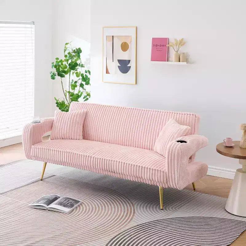 Pink Corduroy Sofa Bed, 2-Seat, Adjustable 3-Level Backrest