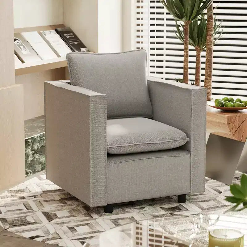 Linen Upholstered Accent Armchair, Single Seat – Beige / Gray
