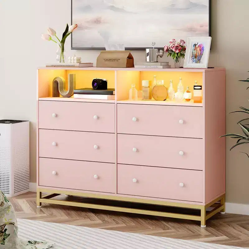 Cassettiera a 6 cassetti nera/rosa/bianca con luci LED e presa di corrente, stile porta TV, uso singolo