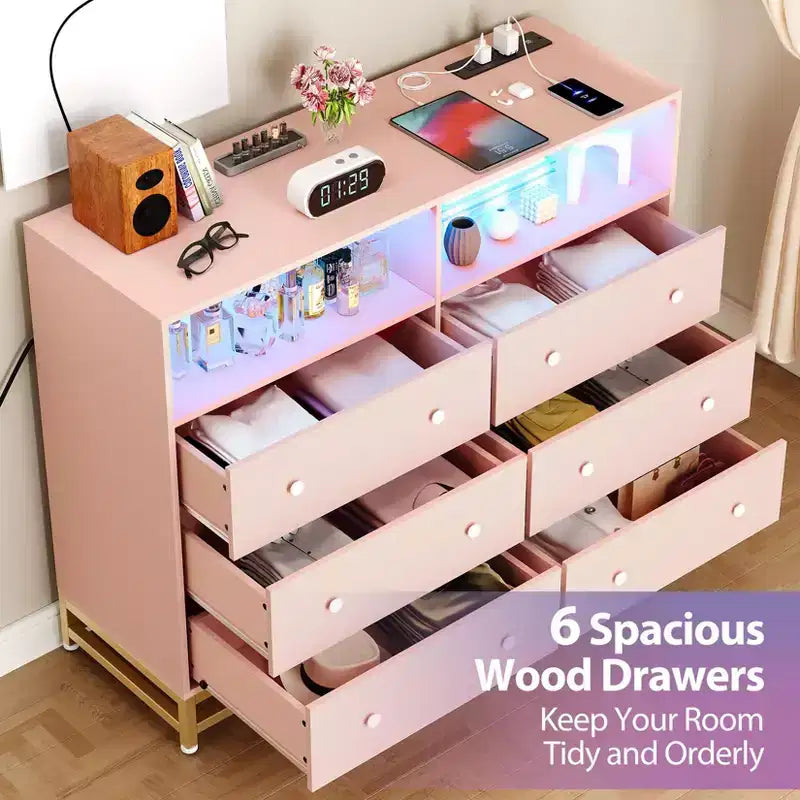 Cassettiera a 6 cassetti nera/rosa/bianca con luci LED e presa di corrente, stile porta TV, uso singolo