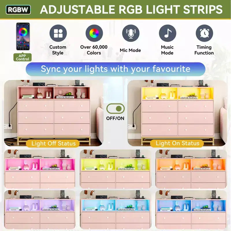 Cassettiera a 6 cassetti nera/rosa/bianca con luci LED e presa di corrente, stile porta TV, uso singolo