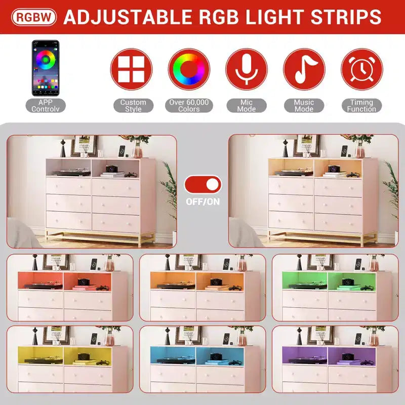 Cassettiera a 6 cassetti nera/rosa/bianca con luci LED e presa di corrente, stile porta TV, uso singolo