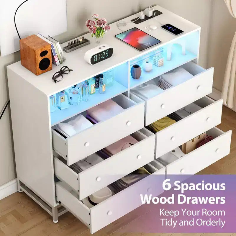 Cassettiera a 6 cassetti nera/rosa/bianca con luci LED e presa di corrente, stile porta TV, uso singolo