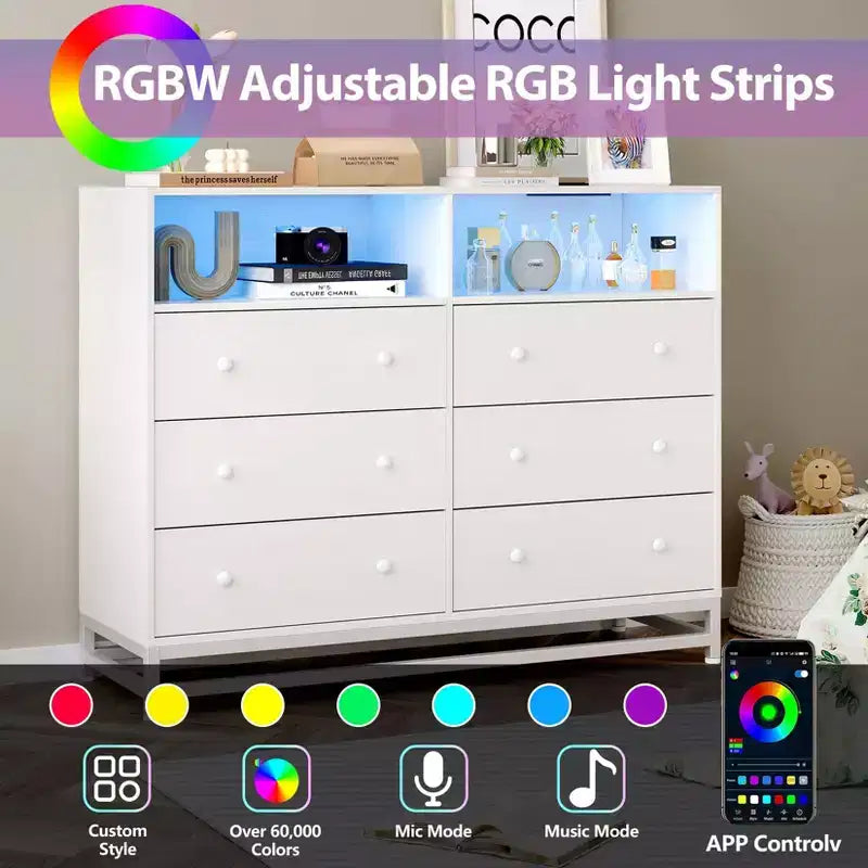 Cassettiera a 6 cassetti nera/rosa/bianca con luci LED e presa di corrente, stile porta TV, uso singolo