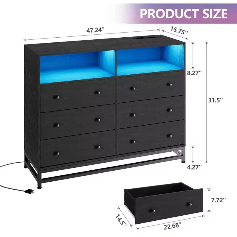 Cassettiera a 6 cassetti nera/rosa/bianca con luci LED e presa di corrente, stile porta TV, uso singolo