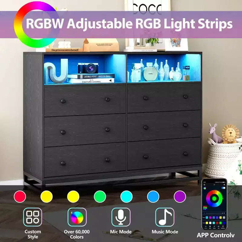 Black / Pink / White 6-Drawer Dresser with LED Lights & Power Outlet, TV Stand Style, Single-Person Use