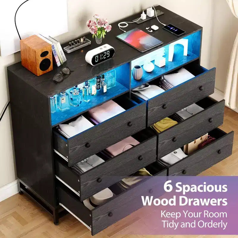 Black / Pink / White 6-Drawer Dresser with LED Lights & Power Outlet, TV Stand Style, Single-Person Use