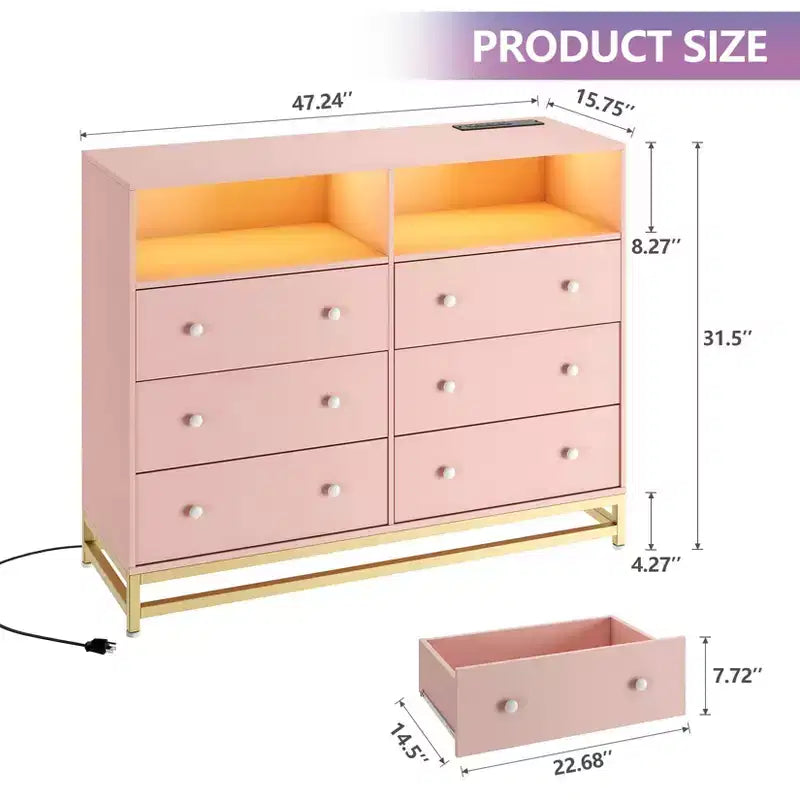 Cassettiera a 6 cassetti nera/rosa/bianca con luci LED e presa di corrente, stile porta TV, uso singolo