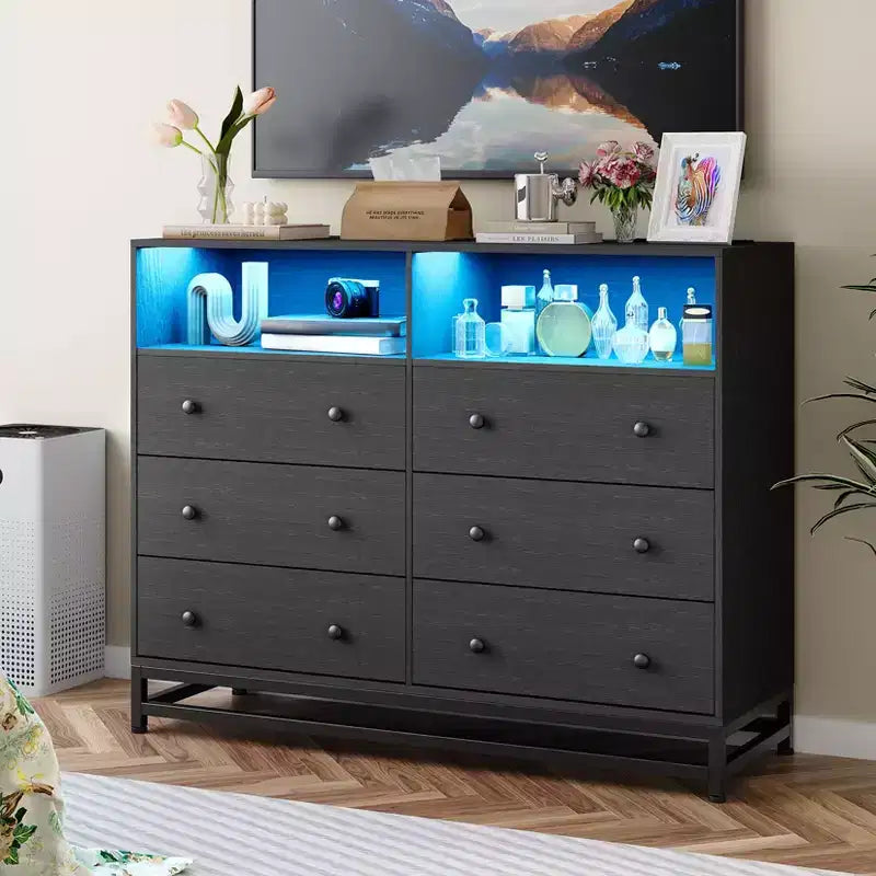 6 Drawer Double Dresser TV Stand, Bedroom Dresser with Power Outlet & LED Light, Wood Dresser for Room, Hallway, White