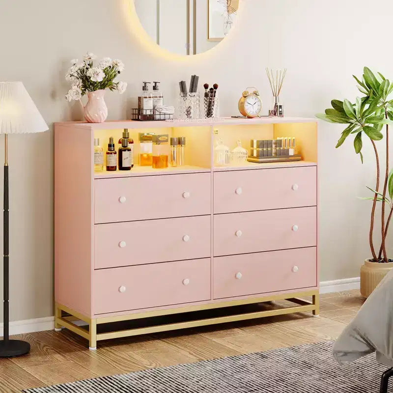 Black / Pink / White 6-Drawer Dresser with LED Lights & Power Outlet, TV Stand Style, Single-Person Use