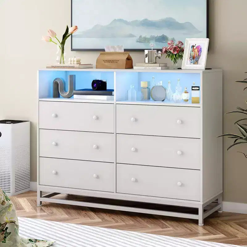 Black / Pink / White 6-Drawer Dresser with LED Lights & Power Outlet, TV Stand Style, Single-Person Use