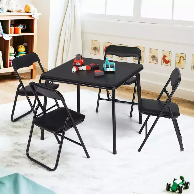 Set Tavolo Pieghevole Beige/Nero e 4 Sedie per Bambini – Struttura in Metallo, Sedute Imbottite