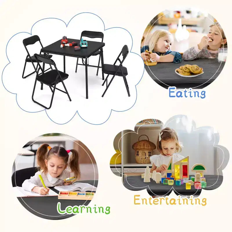 Set Tavolo Pieghevole Beige/Nero e 4 Sedie per Bambini – Struttura in Metallo, Sedute Imbottite