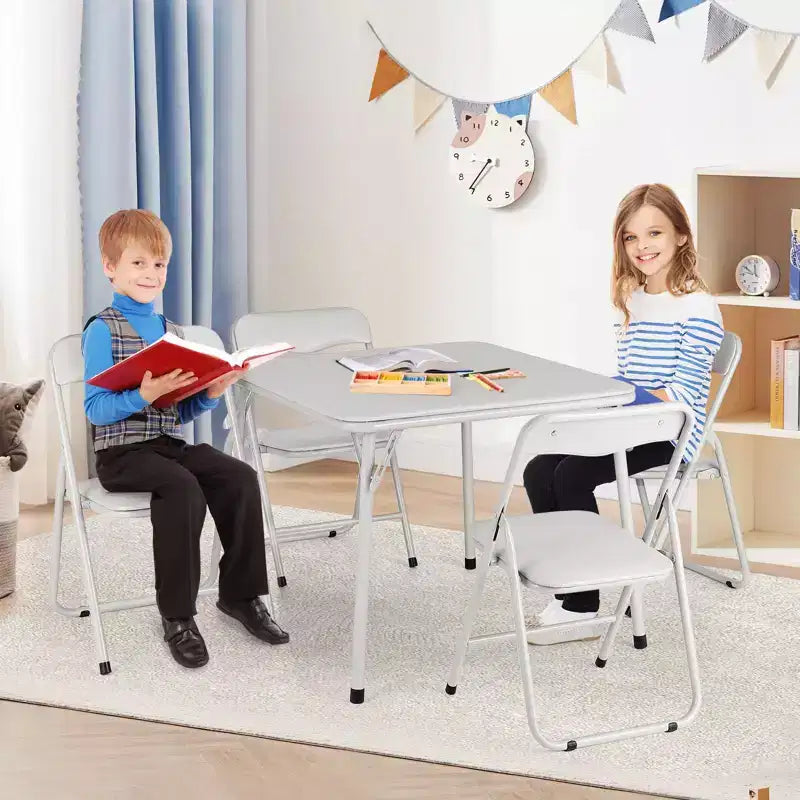Beige / Black Foldable Kids Table & 4-Chair Set – Metal Frame, Padded Seats