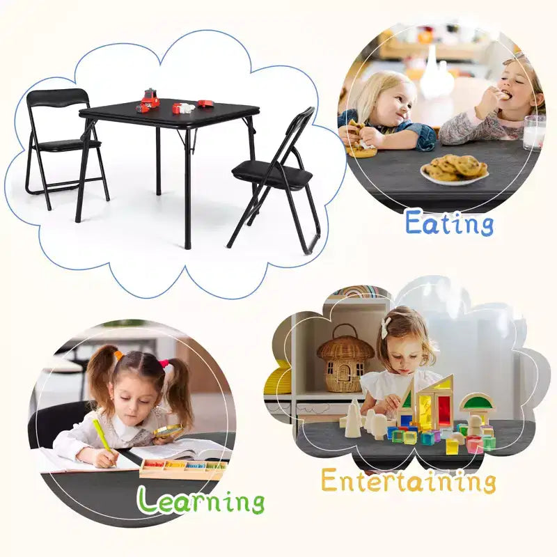 Set Tavolo Pieghevole Beige/Nero e 4 Sedie per Bambini – Struttura in Metallo, Sedute Imbottite