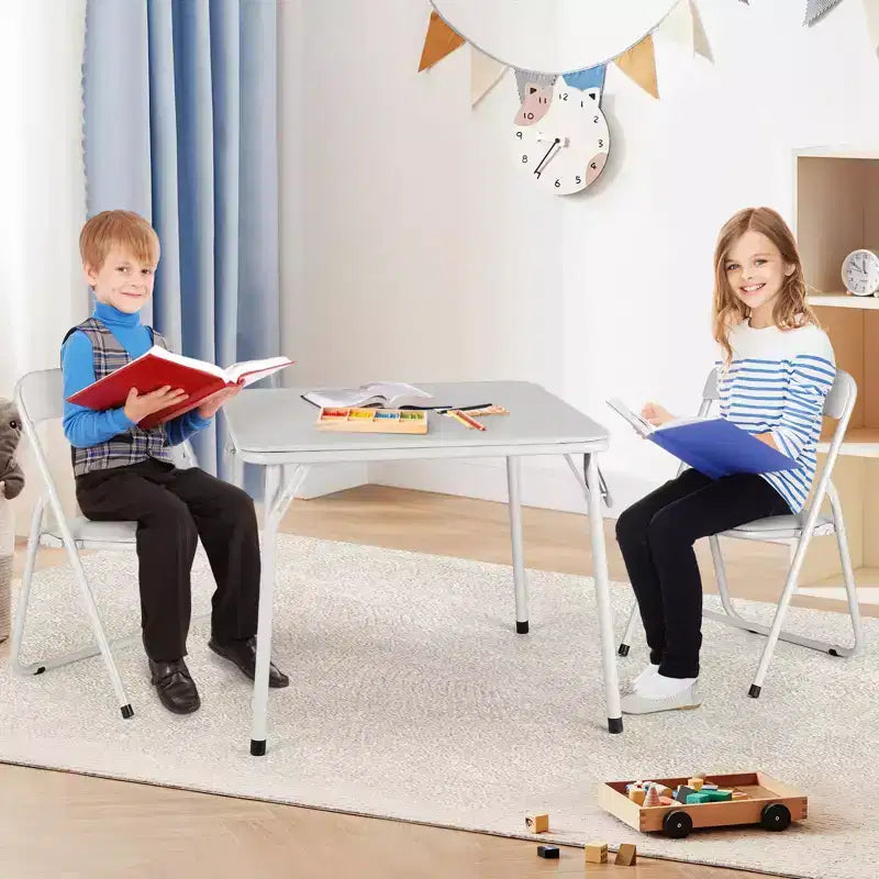 Set Tavolo Pieghevole Beige/Nero e 4 Sedie per Bambini – Struttura in Metallo, Sedute Imbottite