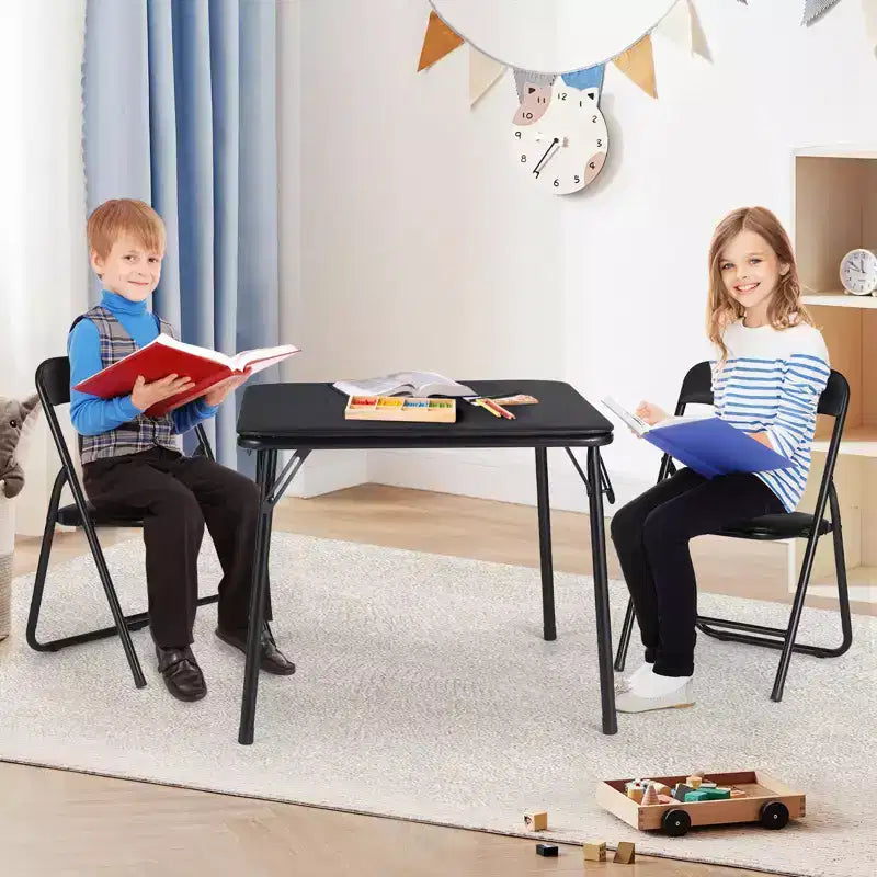 Beige / Black Foldable Kids Table & 4-Chair Set – Metal Frame, Padded Seats