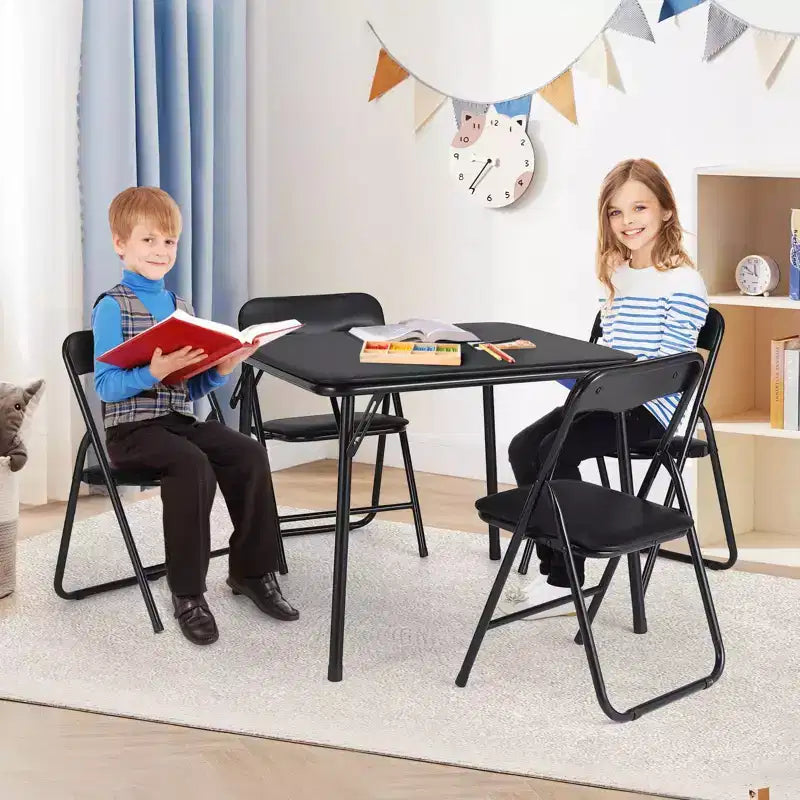 Beige / Black Foldable Kids Table & 4-Chair Set – Metal Frame, Padded Seats