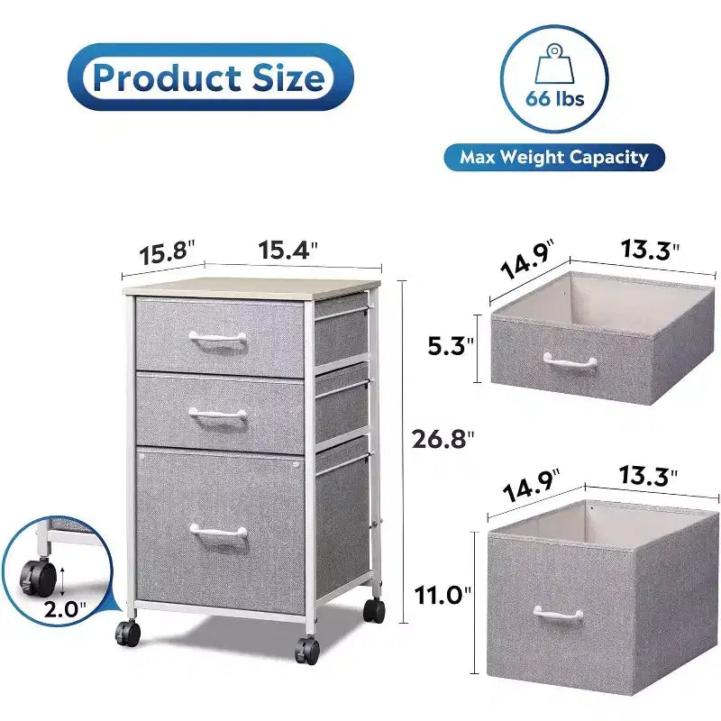 Light Grey 3-Drawer Rolling File Cabinet with Wheels, Vertical Filing Organizer for Home Office