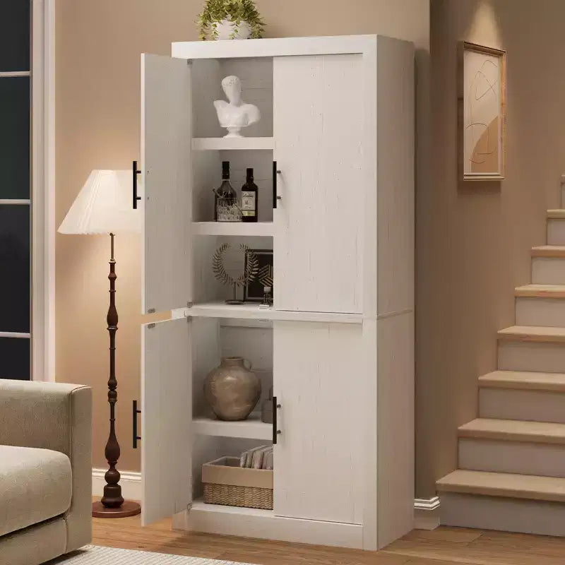 Antique White & Brownish Red, Farmhouse Style, 4-Door Tall Storage Cabinet