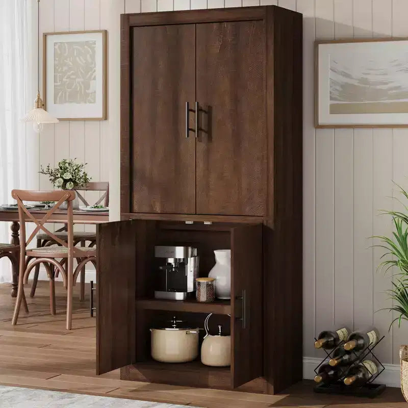 Antique White & Brownish Red, Farmhouse Style, 4-Door Tall Storage Cabinet