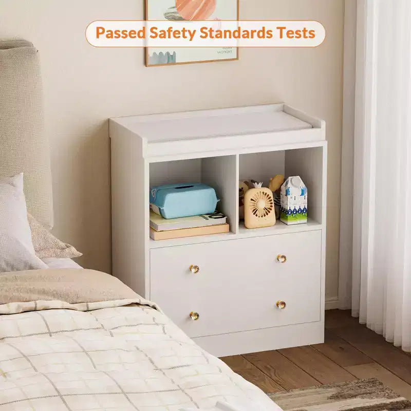 Fasciatoio moderno bianco e nero con fasciatoio, 2 cassetti e 2 ripiani, monouso