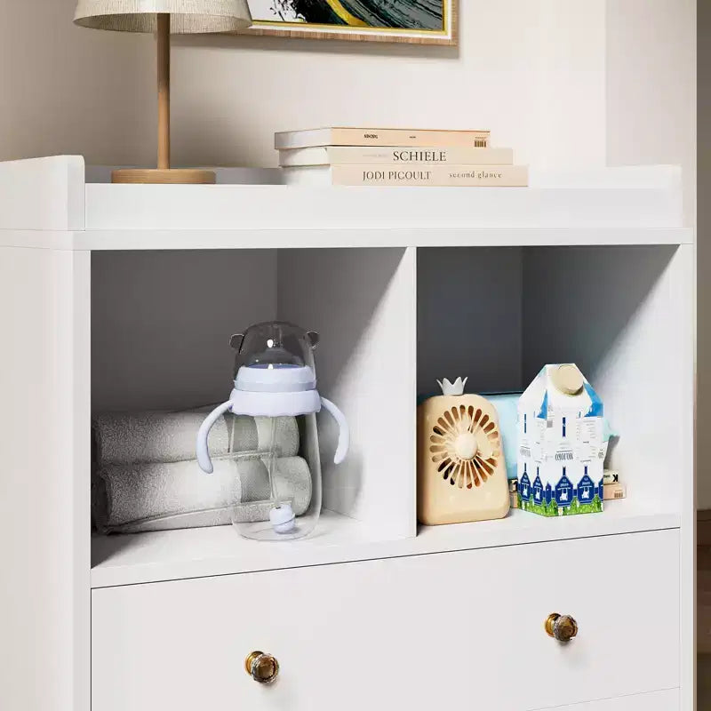 Fasciatoio moderno bianco e nero con fasciatoio, 2 cassetti e 2 ripiani, monouso