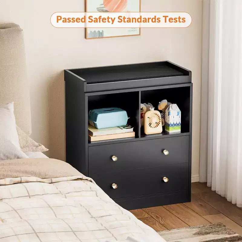 Black/White Modern Baby Changing Table with Pad, 2 Drawers & 2 Shelves, Single-Use