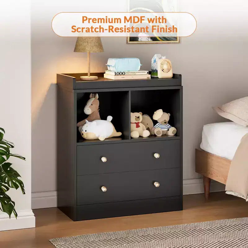 Fasciatoio moderno bianco e nero con fasciatoio, 2 cassetti e 2 ripiani, monouso