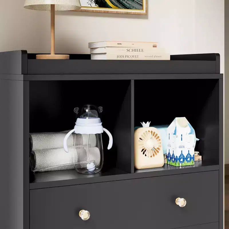 Fasciatoio moderno bianco e nero con fasciatoio, 2 cassetti e 2 ripiani, monouso