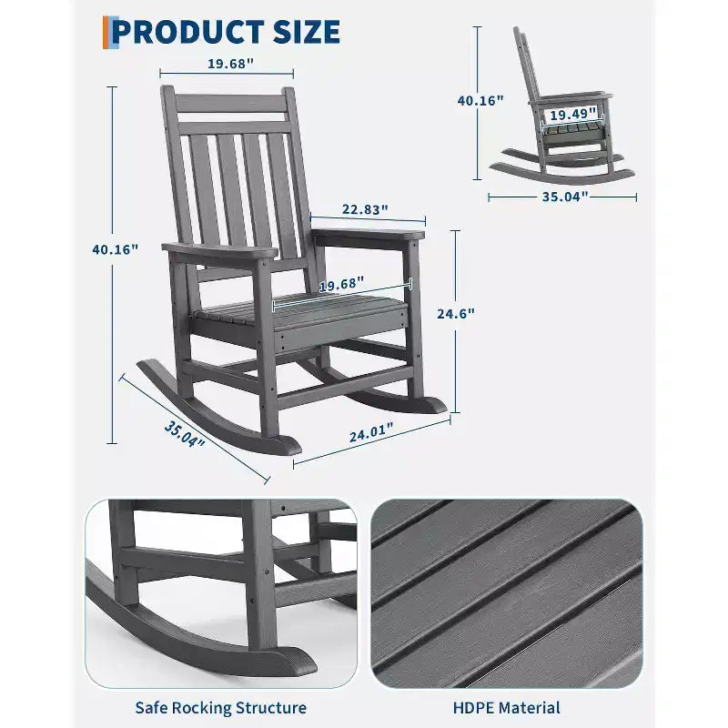 Sedia a dondolo da esterno in HDPE nera/grigia/blu navy/bianca – singola, con braccioli ampi