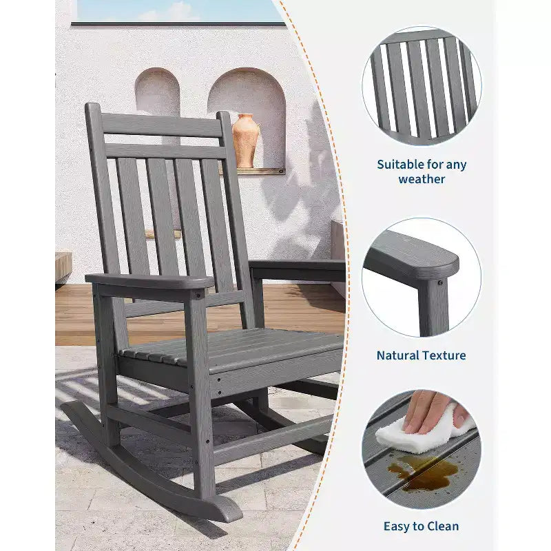 Sedia a dondolo da esterno in HDPE nera/grigia/blu navy/bianca – singola, con braccioli ampi