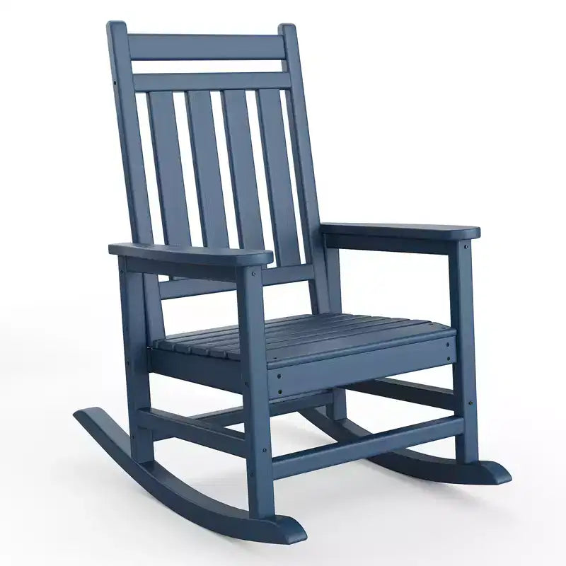 Sedia a dondolo da esterno in HDPE nera/grigia/blu navy/bianca – singola, con braccioli ampi