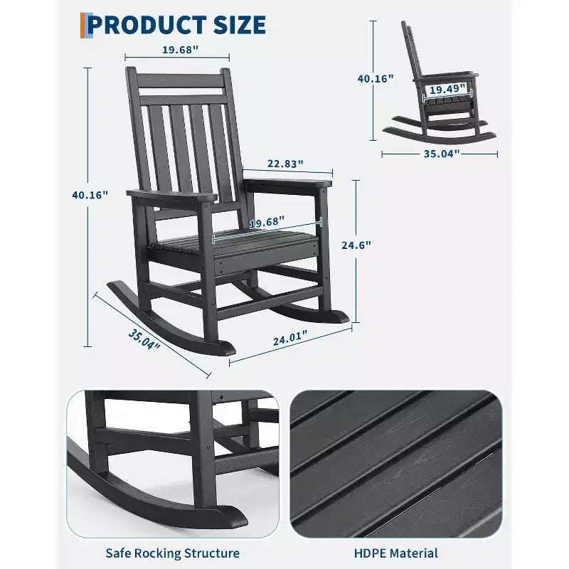 Sedia a dondolo da esterno in HDPE nera/grigia/blu navy/bianca – singola, con braccioli ampi