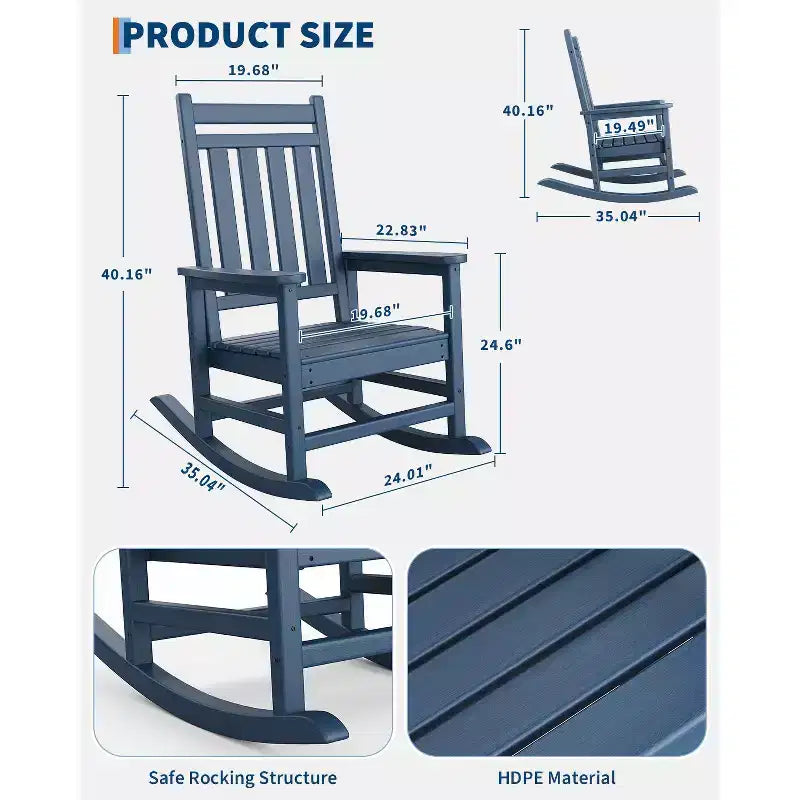 Sedia a dondolo da esterno in HDPE nera/grigia/blu navy/bianca – singola, con braccioli ampi