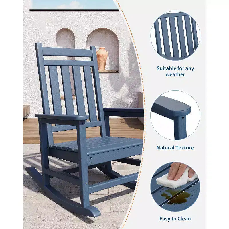 Sedia a dondolo da esterno in HDPE nera/grigia/blu navy/bianca – singola, con braccioli ampi