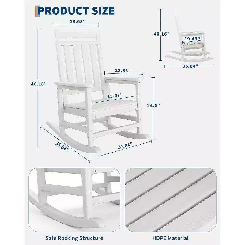 Sedia a dondolo da esterno in HDPE nera/grigia/blu navy/bianca – singola, con braccioli ampi