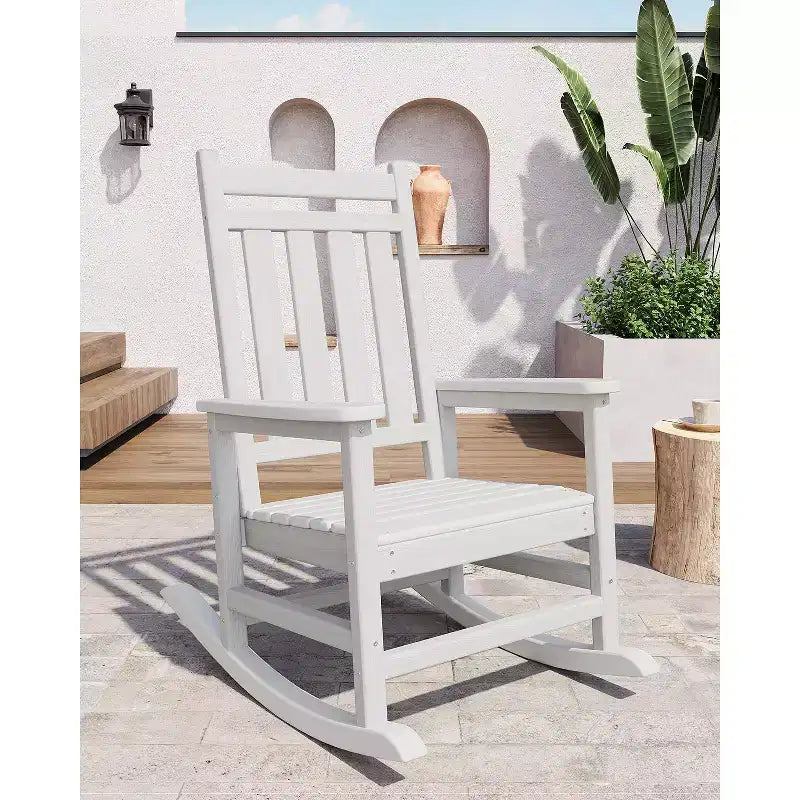 Sedia a dondolo da esterno in HDPE nera/grigia/blu navy/bianca – singola, con braccioli ampi