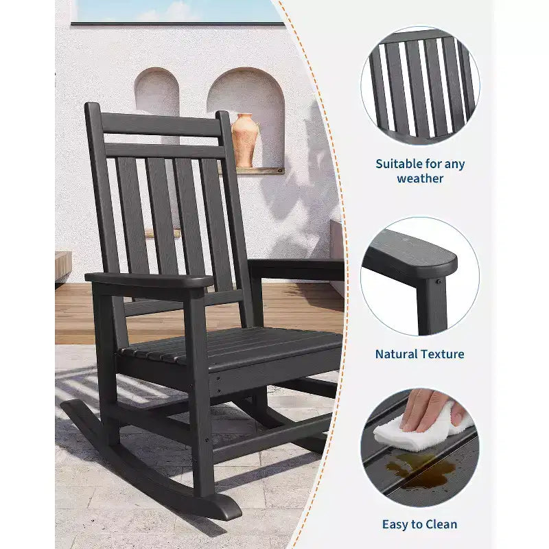 Sedia a dondolo da esterno in HDPE nera/grigia/blu navy/bianca – singola, con braccioli ampi