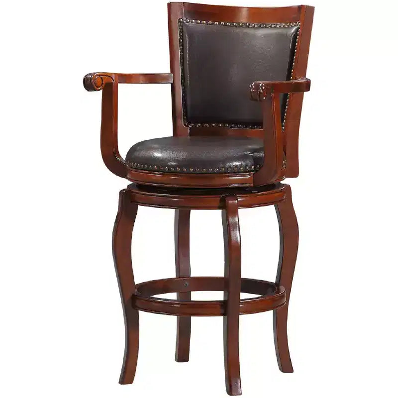 Cherry/Brown Swivel Barstool, Faux Leather, High Back, 1-Seat