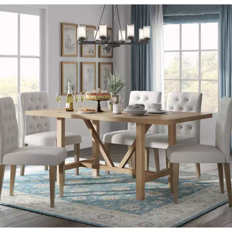 Tavolo da pranzo rettangolare beige, 6 posti, base a trespolo