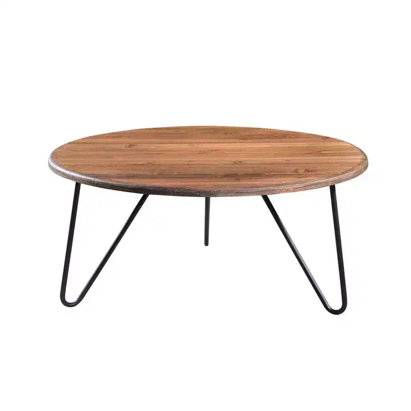 Tavolino da caffè rotondo marrone, stile rustico (Piano in pino invecchiato, gambe a forcina nere)