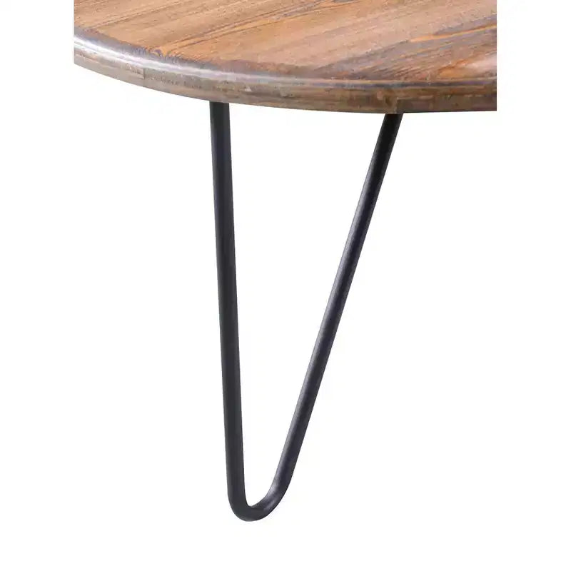 Tavolino da caffè rotondo marrone, stile rustico (Piano in pino invecchiato, gambe a forcina nere)