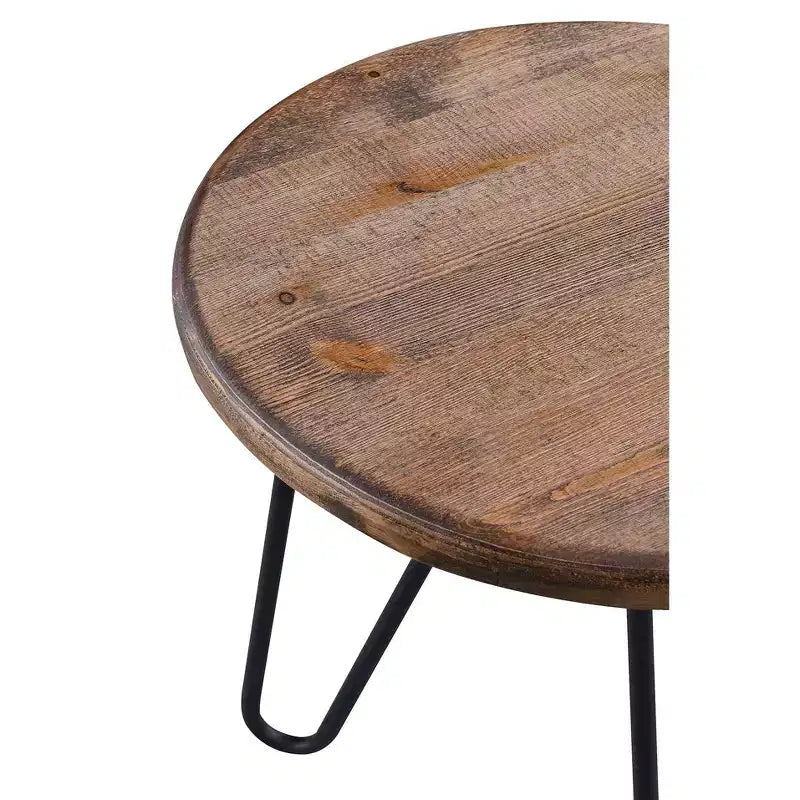 Tavolino da caffè rotondo marrone, stile rustico (Piano in pino invecchiato, gambe a forcina nere)
