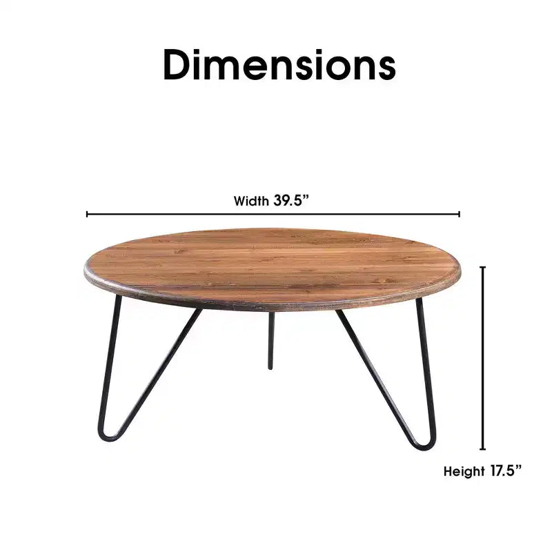 Tavolino da caffè rotondo marrone, stile rustico (Piano in pino invecchiato, gambe a forcina nere)