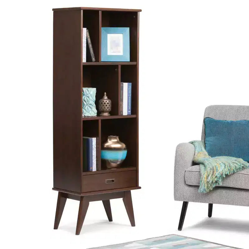 Medium Auburn Brown / Teak Mid Century Modern Bookcase with Drawer, 1-Person