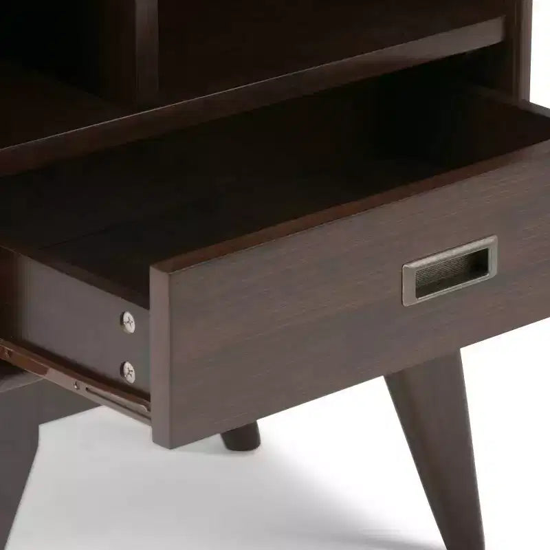 Medium Auburn Brown / Teak Mid Century Modern Bookcase with Drawer, 1-Person