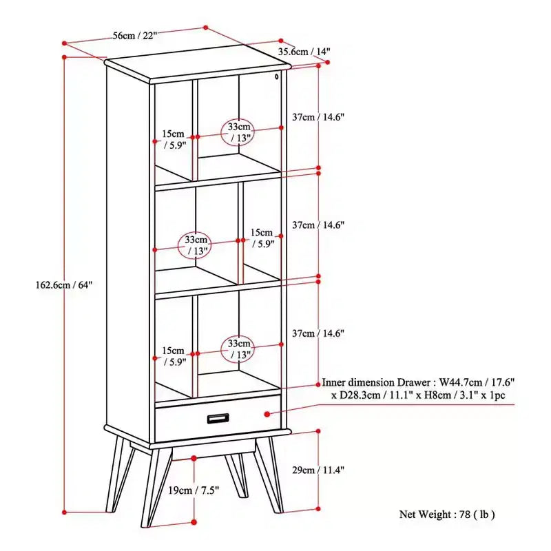 Libreria moderna di metà secolo in mogano rossiccio/legno di teak con cassetto, 1 persona