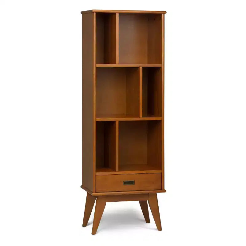 Medium Auburn Brown / Teak Mid Century Modern Bookcase with Drawer, 1-Person
