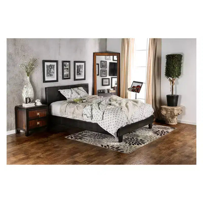 Black Faux Leather Tufted Platform Bed, Full/Queen, 1-Person
